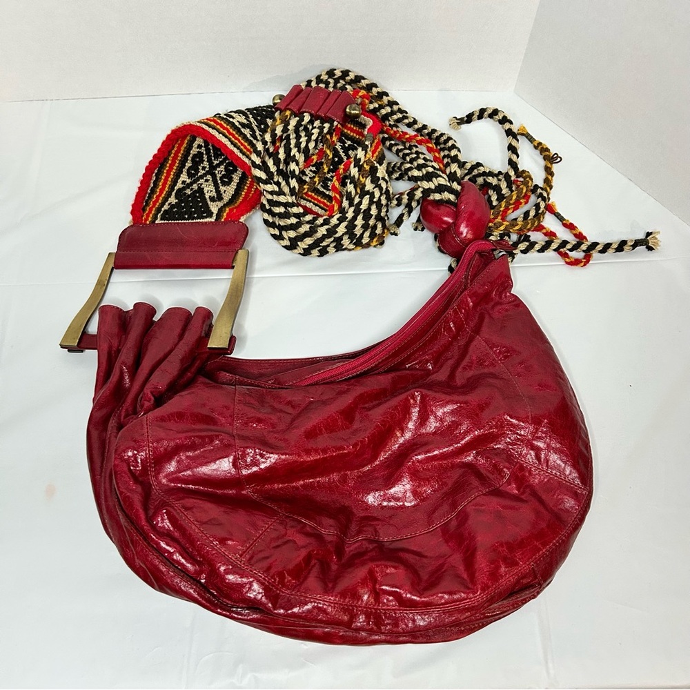 Limon Piel Boho Stonewash Red Leather Crossbody Purse With Woven/ Cord Strap